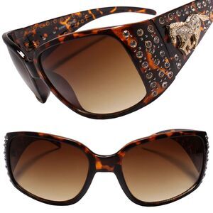 Horse Emblem Rhinestone Western Rustic Bling Cowgirl Style Sunglasses Tortoise